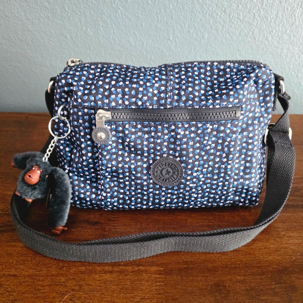 Kipling Wes Crossbody Bag Navy Blue Geometric Adjustable Strap Monkey Charm